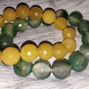 Natural agate in green & yellow stretch gemstone round bracelet set